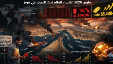 لوحة معلومات مرئية معقدة تصور سيناريو مستقبلي لصراع في مضيق هرمز في مارس 2026 يسبب حصارًا اقتصاديًا عالميًا. تظهر الصورة حريقًا في ناقلات نفط، وخرائط لتعطل التجارة والطاقة.