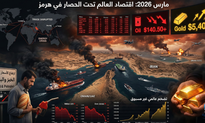 لوحة معلومات مرئية معقدة تصور سيناريو مستقبلي لصراع في مضيق هرمز في مارس 2026 يسبب حصارًا اقتصاديًا عالميًا. تظهر الصورة حريقًا في ناقلات نفط، وخرائط لتعطل التجارة والطاقة.