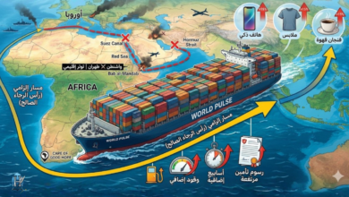 خريطة معلوماتية باللغة العربية تُظهر مسار سفينة الحاويات "وورلد بلس" وهي تلتف حول رأس الرجاء الصالح، مع رموز توضح زيادة تكاليف الوقود والتأمين والوقت، مما يؤدي في النهاية إلى رفع أسعار السلع الاستهلاكية
