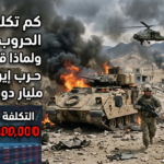 صورة تدمج بين ساحة معركة مدمرة ومؤشرات مالية، تُظهر جنوداً، دبابات، ومروحيات وسط النيران، مع شاشة تداول ورقم "1,000,000,000 دولار" باللون الأحمر، ونص عربي يتساءل عن التكلفة اليومية للحروب الحديثة وحرب إيران.