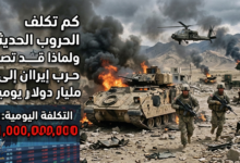 صورة تدمج بين ساحة معركة مدمرة ومؤشرات مالية، تُظهر جنوداً، دبابات، ومروحيات وسط النيران، مع شاشة تداول ورقم "1,000,000,000 دولار" باللون الأحمر، ونص عربي يتساءل عن التكلفة اليومية للحروب الحديثة وحرب إيران.