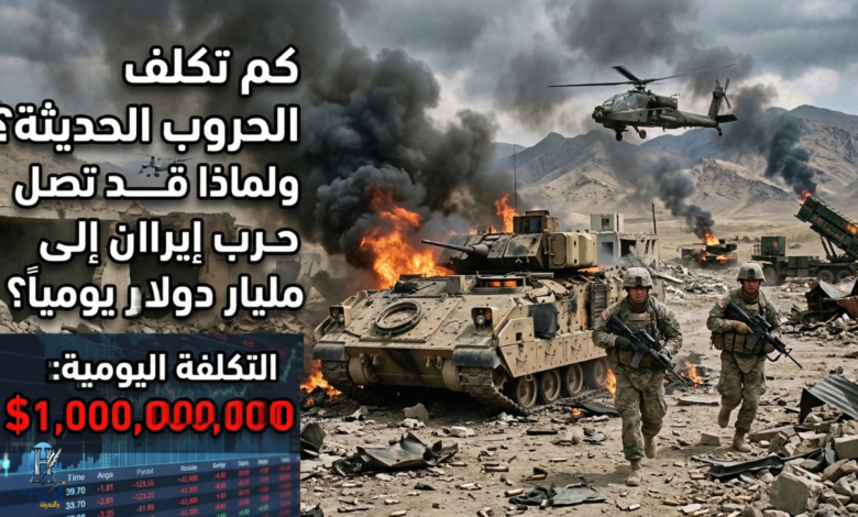 صورة تدمج بين ساحة معركة مدمرة ومؤشرات مالية، تُظهر جنوداً، دبابات، ومروحيات وسط النيران، مع شاشة تداول ورقم "1,000,000,000 دولار" باللون الأحمر، ونص عربي يتساءل عن التكلفة اليومية للحروب الحديثة وحرب إيران.