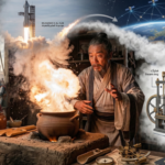 صورة مركبة تُظهر خيميائياً صينياً قديماً متفاجئاً من انفجار وعاء فخاري في ورشته، ينطلق من خلفه خط زمني مصور: على يساره مدافع تقصف قلاعاً قديمة، وعلى يمينه رسم توضيحي لمحرك سيارة حديثة وصاروخ فضائي ينطلق، تمثل تطور البارود عبر العصور