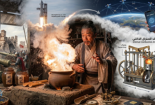 صورة مركبة تُظهر خيميائياً صينياً قديماً متفاجئاً من انفجار وعاء فخاري في ورشته، ينطلق من خلفه خط زمني مصور: على يساره مدافع تقصف قلاعاً قديمة، وعلى يمينه رسم توضيحي لمحرك سيارة حديثة وصاروخ فضائي ينطلق، تمثل تطور البارود عبر العصور