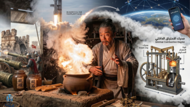 صورة مركبة تُظهر خيميائياً صينياً قديماً متفاجئاً من انفجار وعاء فخاري في ورشته، ينطلق من خلفه خط زمني مصور: على يساره مدافع تقصف قلاعاً قديمة، وعلى يمينه رسم توضيحي لمحرك سيارة حديثة وصاروخ فضائي ينطلق، تمثل تطور البارود عبر العصور