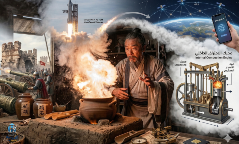 صورة مركبة تُظهر خيميائياً صينياً قديماً متفاجئاً من انفجار وعاء فخاري في ورشته، ينطلق من خلفه خط زمني مصور: على يساره مدافع تقصف قلاعاً قديمة، وعلى يمينه رسم توضيحي لمحرك سيارة حديثة وصاروخ فضائي ينطلق، تمثل تطور البارود عبر العصور