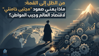 يمثل رحلة مجتبى خامنئي البطيئة والمدروسة من خلف الكواليس (الظل) إلى أعلى هرم السلطة (القمة المضيئة).