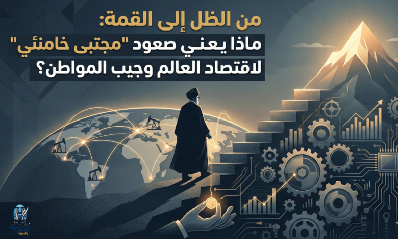 يمثل رحلة مجتبى خامنئي البطيئة والمدروسة من خلف الكواليس (الظل) إلى أعلى هرم السلطة (القمة المضيئة).