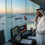 صورة فوتوغرافية لمسؤول لوجستيات إماراتي يرتدي الكندورة يراقب بقلق عشرات ناقلات النفط الراسية في مضيق هرمز من نافذة مكتبه المطل على الميناء في الفجر
