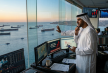 صورة فوتوغرافية لمسؤول لوجستيات إماراتي يرتدي الكندورة يراقب بقلق عشرات ناقلات النفط الراسية في مضيق هرمز من نافذة مكتبه المطل على الميناء في الفجر