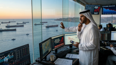 صورة فوتوغرافية لمسؤول لوجستيات إماراتي يرتدي الكندورة يراقب بقلق عشرات ناقلات النفط الراسية في مضيق هرمز من نافذة مكتبه المطل على الميناء في الفجر