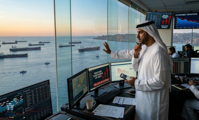 صورة فوتوغرافية لمسؤول لوجستيات إماراتي يرتدي الكندورة يراقب بقلق عشرات ناقلات النفط الراسية في مضيق هرمز من نافذة مكتبه المطل على الميناء في الفجر