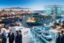 مشهد بانورامي يدمج مراحل استخراج وتصنيع الليثيوم مع عنوان المقال "الذهب الأبيض" بانسيابية فنية