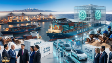 مشهد بانورامي يدمج مراحل استخراج وتصنيع الليثيوم مع عنوان المقال "الذهب الأبيض" بانسيابية فنية