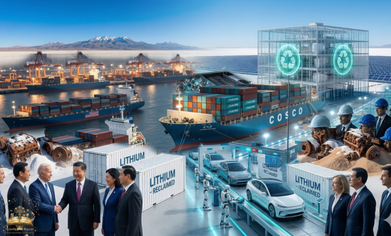 مشهد بانورامي يدمج مراحل استخراج وتصنيع الليثيوم مع عنوان المقال "الذهب الأبيض" بانسيابية فنية