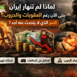 صورة توضح أسباب عدم انهيار إيران رغم العقوبات والحروب، مع عناصر مثل حقول النفط، العملة الإيرانية، رسم بياني هابط، جندي مسلح، وخريطة العالم مشتعلة