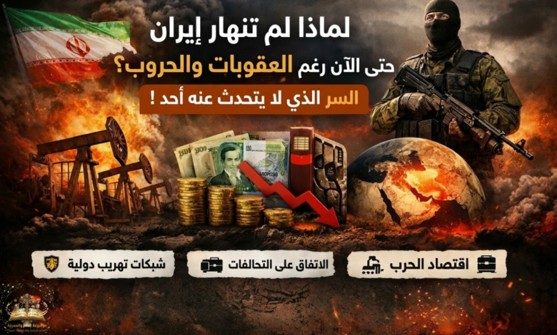 صورة توضح أسباب عدم انهيار إيران رغم العقوبات والحروب، مع عناصر مثل حقول النفط، العملة الإيرانية، رسم بياني هابط، جندي مسلح، وخريطة العالم مشتعلة