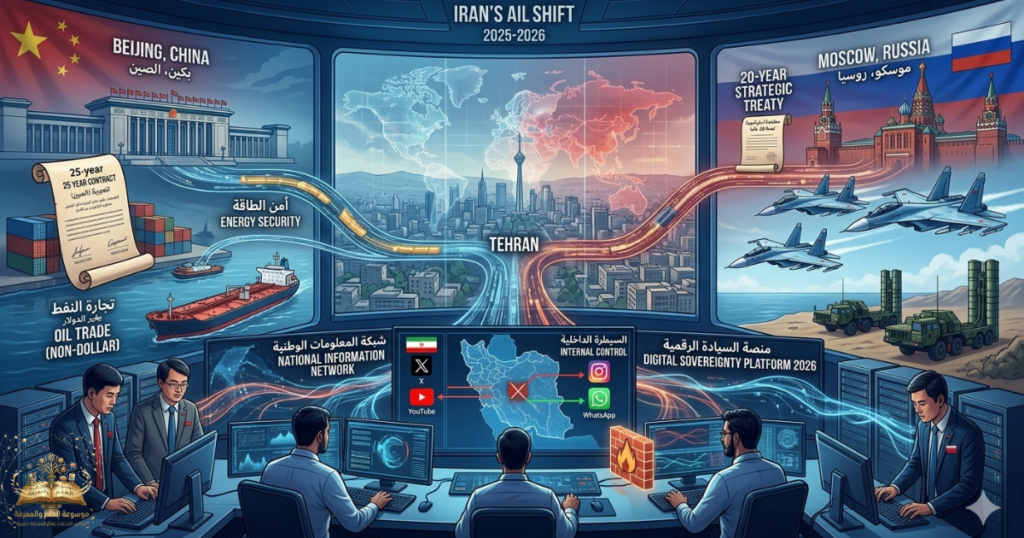 تُجسد الصورة التحول الاستراتيجي لإيران نحو الشرق عبر شراكات عسكرية واقتصادية مع روسيا والصين، بالتوازي مع تعزيز سيادتها الرقمية لضبط الفضاء الداخلي
