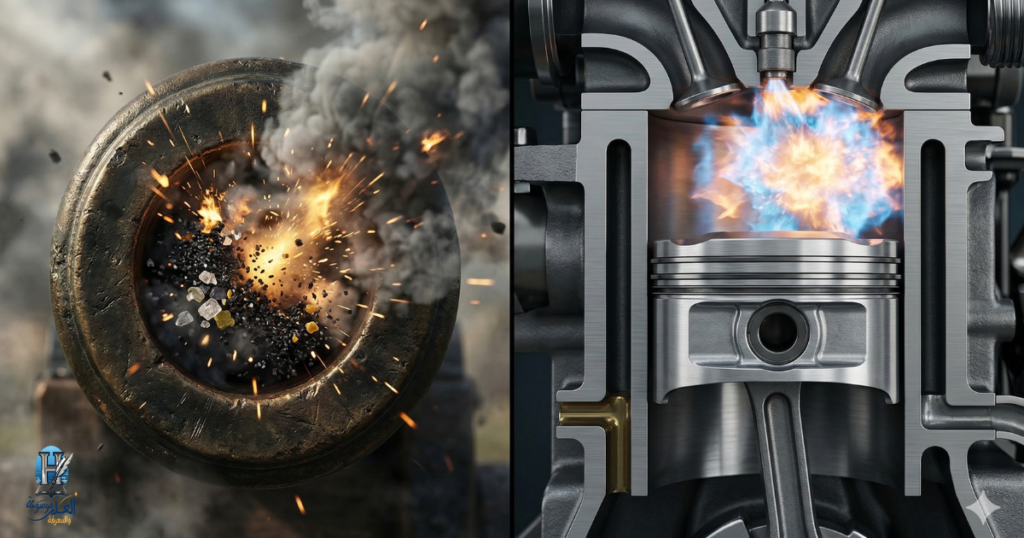 تجمع الصورة بين الانفجار العشوائي للبارود قديماً والانفجار المحكم داخل المحرك حديثاً، لتكشف كيف روّض البشر طاقة الدمار وحولوها إلى وقود للحضارة والرفاهية