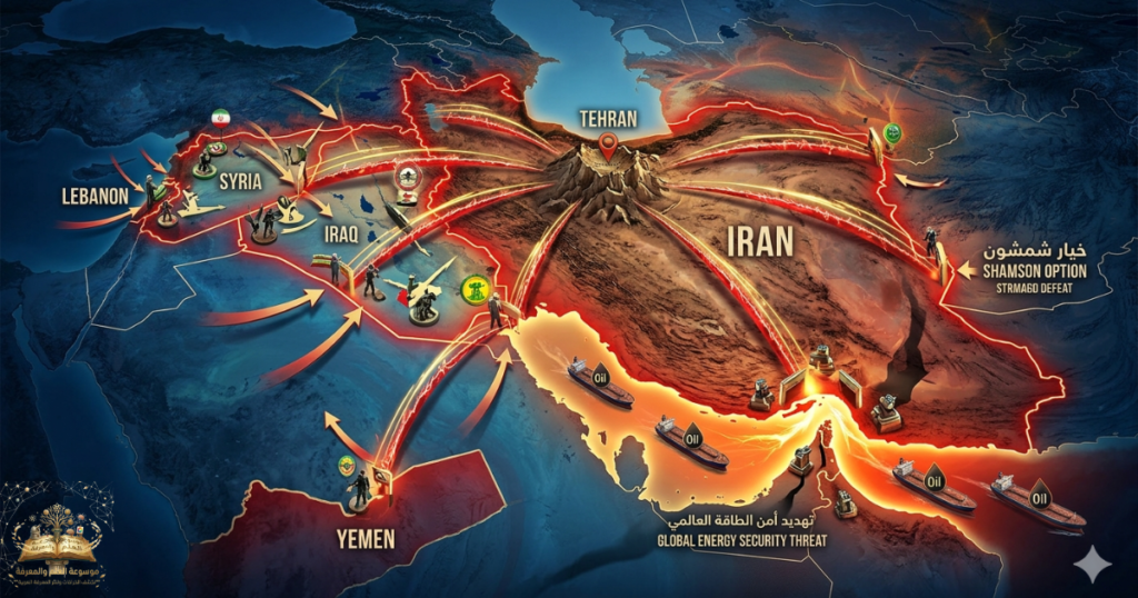 
تتمثل هذه الاستراتيجية في بناء "حزام أمني" عبر حلفاء إقليميين لنقل المعارك خارج الحدود، مع استخدام التهديد بتعطيل أمن الطاقة العالمي كأداة ردع نهائية