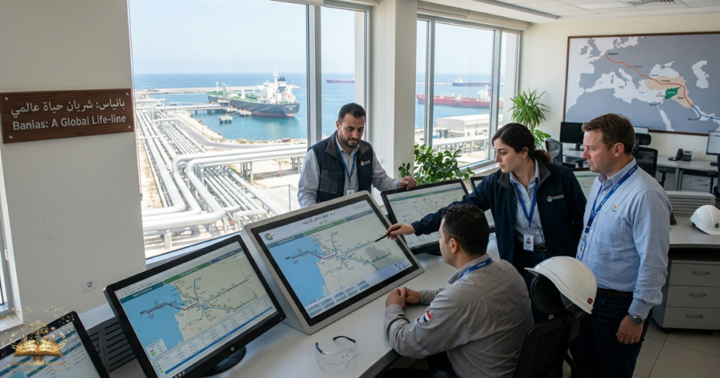 لقطة تخيلية لمهندسين في مركز تحكم متطور بمدينة بانياس الساحلية، يشرفون على تدفقات الطاقة الدولية عبر الأنابيب السورية، في مشهد يعكس تحول سوريا إلى شريان حياة عالمي يكسر العزلة الاقتصادية