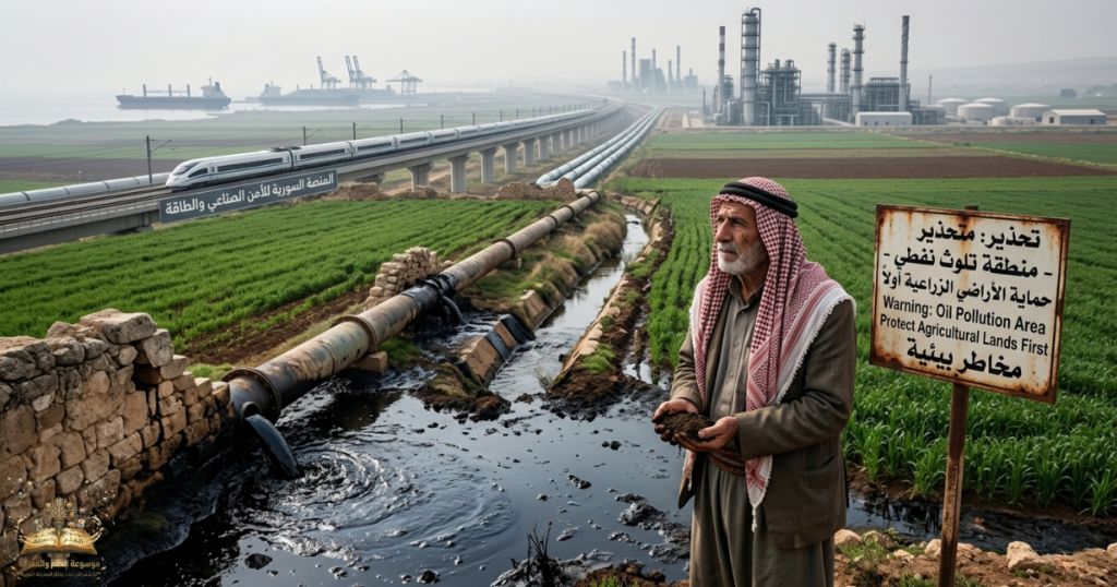 مشهد واقعي يجسد التحديات البيئية والجيوسياسية، حيث تظهر بقع تسرب نفطي تهدد الأراضي الزراعية الخضراء في ظل طموحات تحويل سوريا إلى منصة عالمية للطاقة