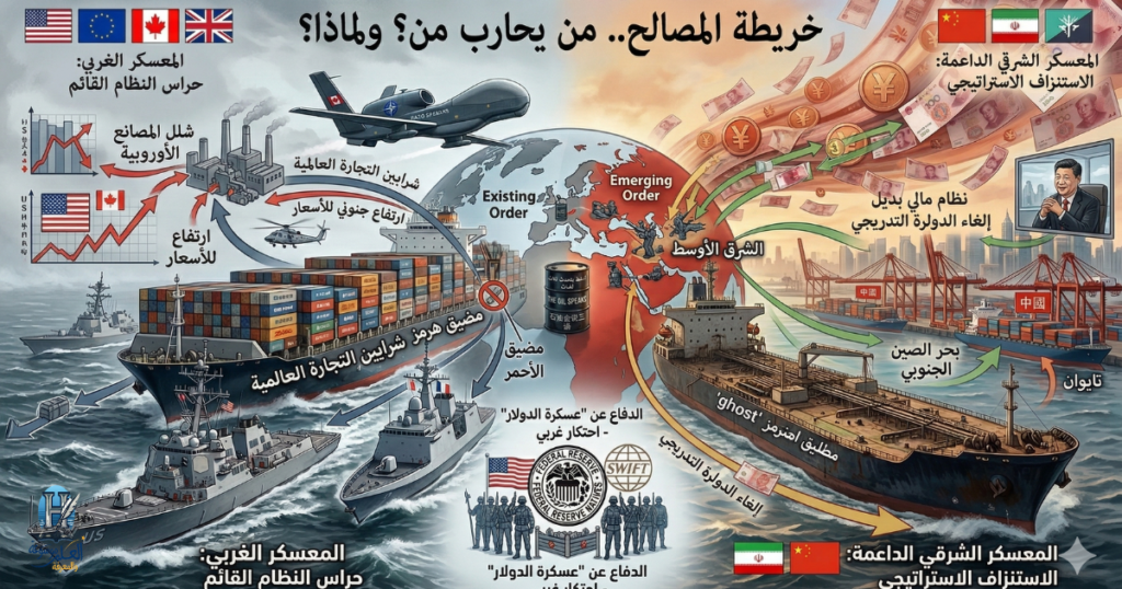 قال Gemini
توضح هذه الصورة "خريطة المصالح" المعقدة التي تُحرك الصراع العالمي الحالي، حيث ينقسم المشهد إلى معسكرين لكل منهما أهدافه العميقة