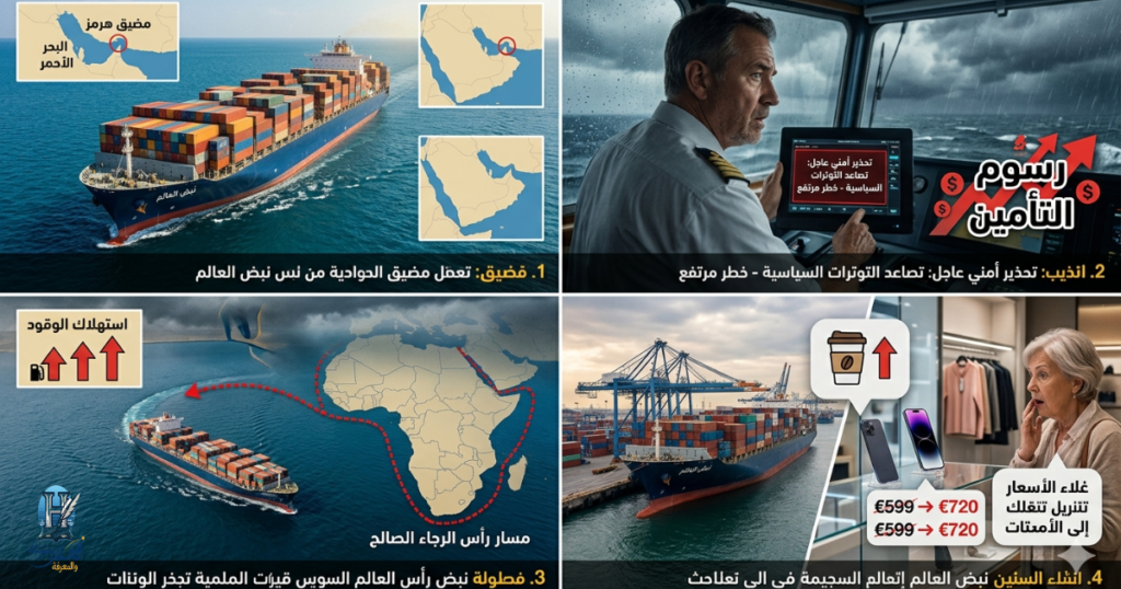 تجسد تحول مسار السفن من المضايق الحيوية إلى طريق رأس الرجاء الصالح، وكيف ينعكس تأخير الشحن وتكاليف الوقود مباشرة على أسعار السلع الاستهلاكية للمواطن