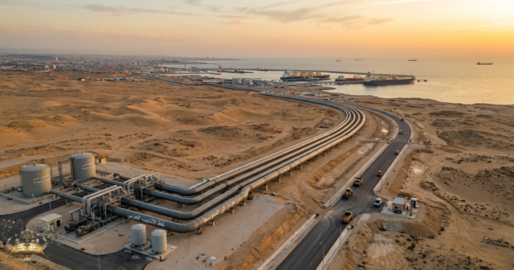 لقطة جوية واقعية تظهر خطوط أنابيب النفط الضخمة تعبر البادية وصولاً إلى الموانئ السورية على البحر المتوسط كبديل استراتيجي لمضيق هرمز