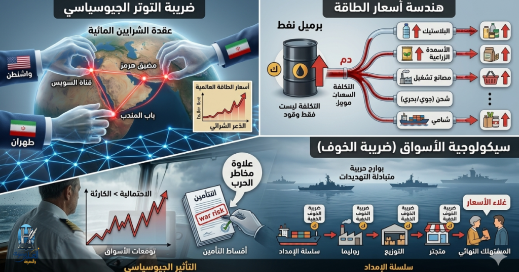 مخطط بصري يربط بين نقاط الاختناق المائية، وتغلغل أسعار الطاقة في عصب الصناعات الغذائية والتحويلية، وصولاً إلى "ضريبة الخوف" التي تفرضها شركات التأمين