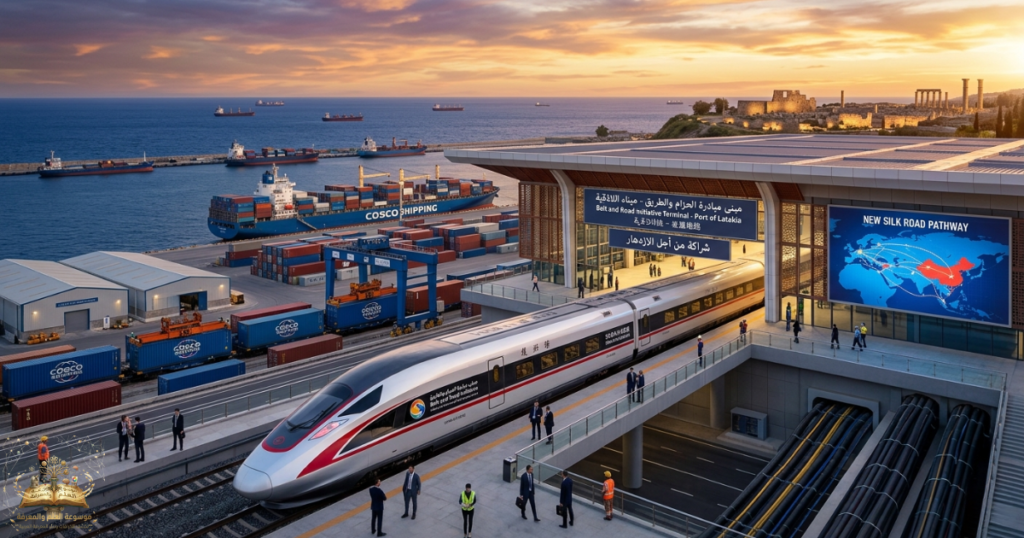 لقطة جوية سينمائية عند الغروب لميناء اللاذقية السوري وقد تحول إلى مركز لوجستي متطور