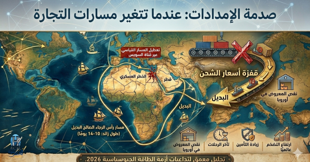 مخطط بياني يوضح تعطل الشريان الحيوي للتجارة عبر قناة السويس والتحول القسري نحو طرق أطول وأكثر كلفة