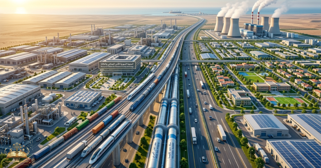 لقطة جوية سينمائية عند الفجر لمدينة صناعية حديثة ومتكاملة نشأت في قلب البادية السورية، تتقاطع فيها شبكات السكك الحديدية الإقليمية وخطوط الغاز كمركز لوجستي عالمي