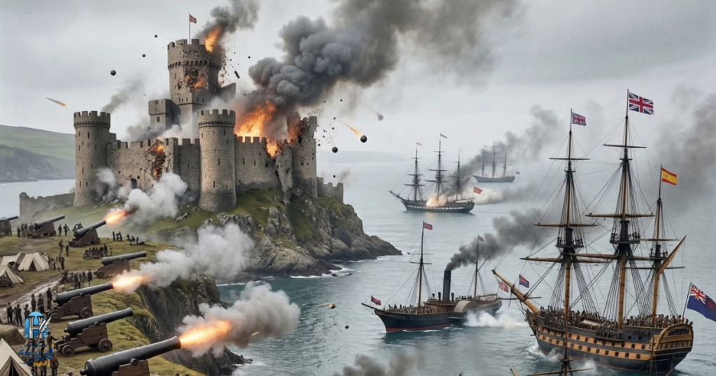 صورة مركبة تاريخية مذهلة تهدف إلى تصوير عدة قرون من التطور العسكري والبحري، وتأثير البارود على رسم خارطة القوة