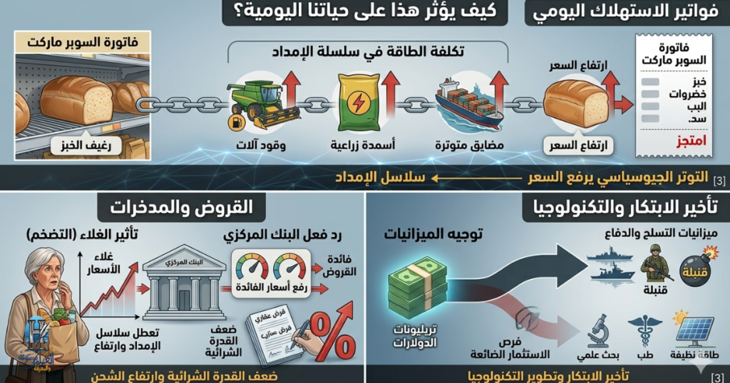 قال Gemini
تجسيد بصري لأثر الصراعات الدولية على ميزانية الفرد، بدءاً من رغيف الخبز وفوائد القروض وصولاً إلى تراجع الاستثمار في مستقبل الابتكار والبحث العلمي