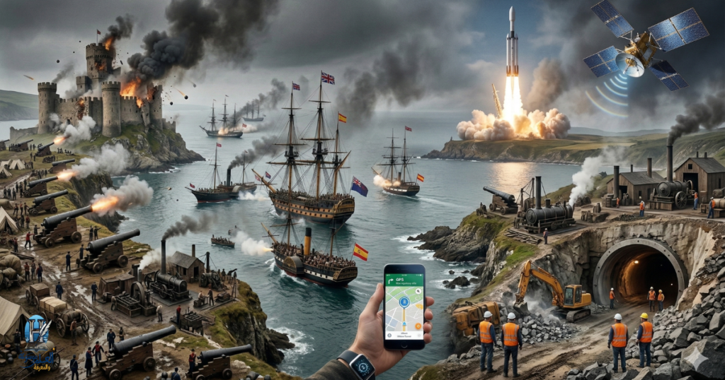 تجسد هذه اللوحة البانورامية رحلة "شرارة البارود" من المدافع والقلاع القديمة إلى الفضاء وشاشات الهواتف، لتكشف أن رفاهيتنا الرقمية اليوم هي الثمرة البعيدة لتقنيات بدأت بصناعة السلاح