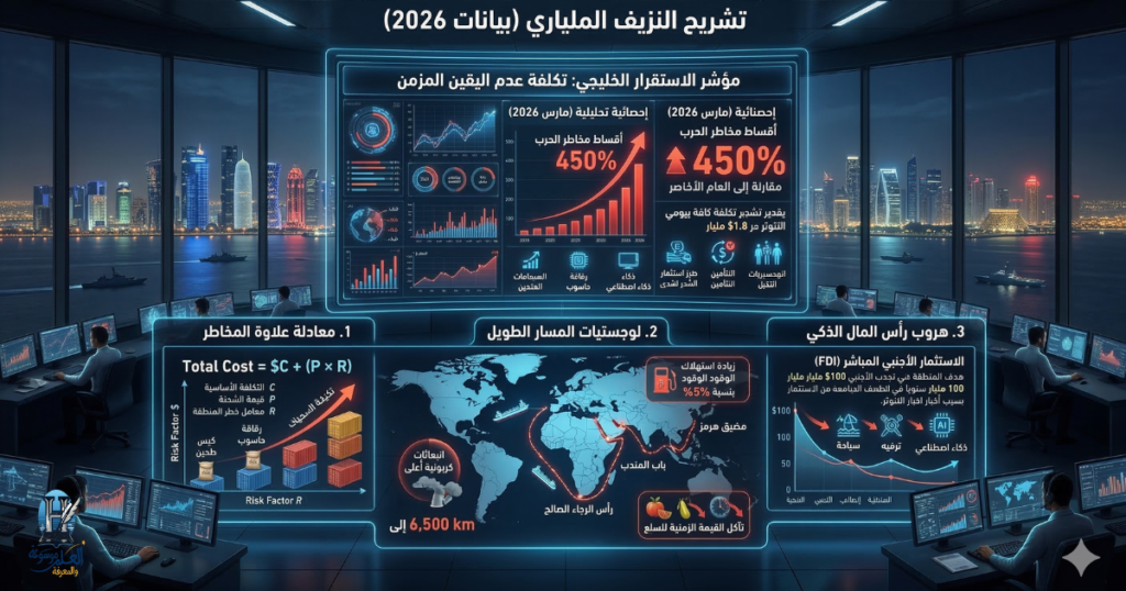 إنفوجرافيك تحليلي يجسد "النزيف الملياري" وتضاعف تكاليف الشحن والوقود في ظل التوترات الجيوسياسية لعام 2026.