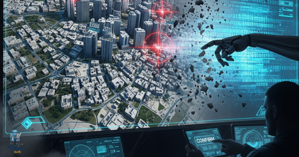 تُظهر الصورة التداخل المرعب بين الذكاء الاصطناعي وساحة المعركة الحديثة. على الشاشة، تتحول المدن المكتظة بالسكان إلى مجرد "نقاط بيانات" وأنماط رقمية.