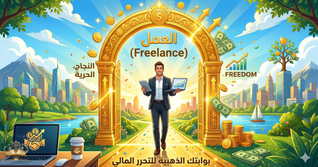 رجل أعمال يدخل من بوابة ذهبية مكتوب عليها العمل الحر مع رموز المال والنمو والحرية في خلفية مدينة حديثة