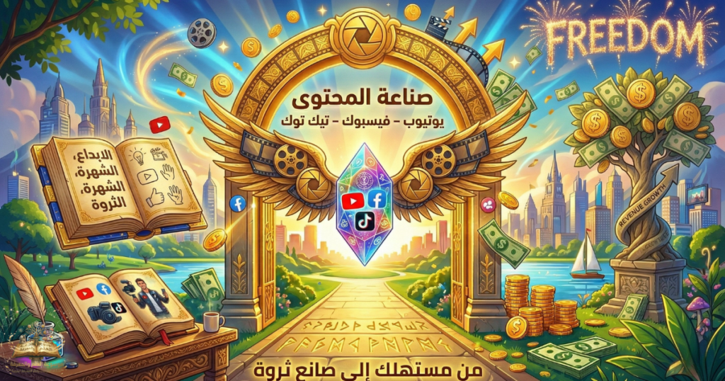 بوابة ذهبية ترمز لصناعة المحتوى مع شعارات يوتيوب وفيسبوك وتيك توك وعناصر تدل على النجاح والربح والشهرة