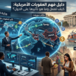 إنفوغرافيك يوضح كيفية عمل العقوبات الأمريكية وتأثيرها على دول مثل روسيا والصين وإيران، مع عرض دور وزارة الخزانة وOFAC وتأثيرها على التجارة العالمية والمواطنين.