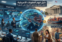 إنفوغرافيك يوضح كيفية عمل العقوبات الأمريكية وتأثيرها على دول مثل روسيا والصين وإيران، مع عرض دور وزارة الخزانة وOFAC وتأثيرها على التجارة العالمية والمواطنين.