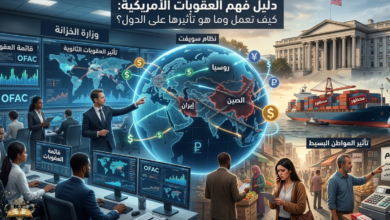 إنفوغرافيك يوضح كيفية عمل العقوبات الأمريكية وتأثيرها على دول مثل روسيا والصين وإيران، مع عرض دور وزارة الخزانة وOFAC وتأثيرها على التجارة العالمية والمواطنين.
