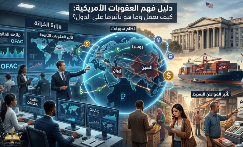 إنفوغرافيك يوضح كيفية عمل العقوبات الأمريكية وتأثيرها على دول مثل روسيا والصين وإيران، مع عرض دور وزارة الخزانة وOFAC وتأثيرها على التجارة العالمية والمواطنين.