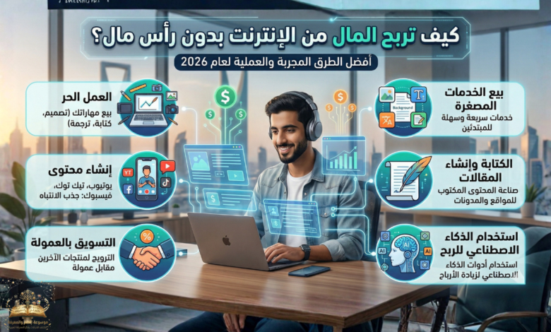 شاب يعمل على حاسوب محمول يوضح طرق الربح من الإنترنت بدون رأس مال مثل العمل الحر، إنشاء المحتوى، والتسويق بالعمولة.
