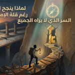 رسم توضيحي لشخص يحمل فانوساً على طريق صخري وعر نحو مفتاح ذهبي مضيء في جدار صخري، مع نص عربي "السر الذي لا يراه الجميع" فوقه.