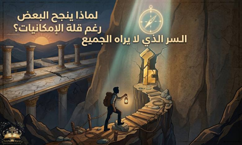 رسم توضيحي لشخص يحمل فانوساً على طريق صخري وعر نحو مفتاح ذهبي مضيء في جدار صخري، مع نص عربي "السر الذي لا يراه الجميع" فوقه.